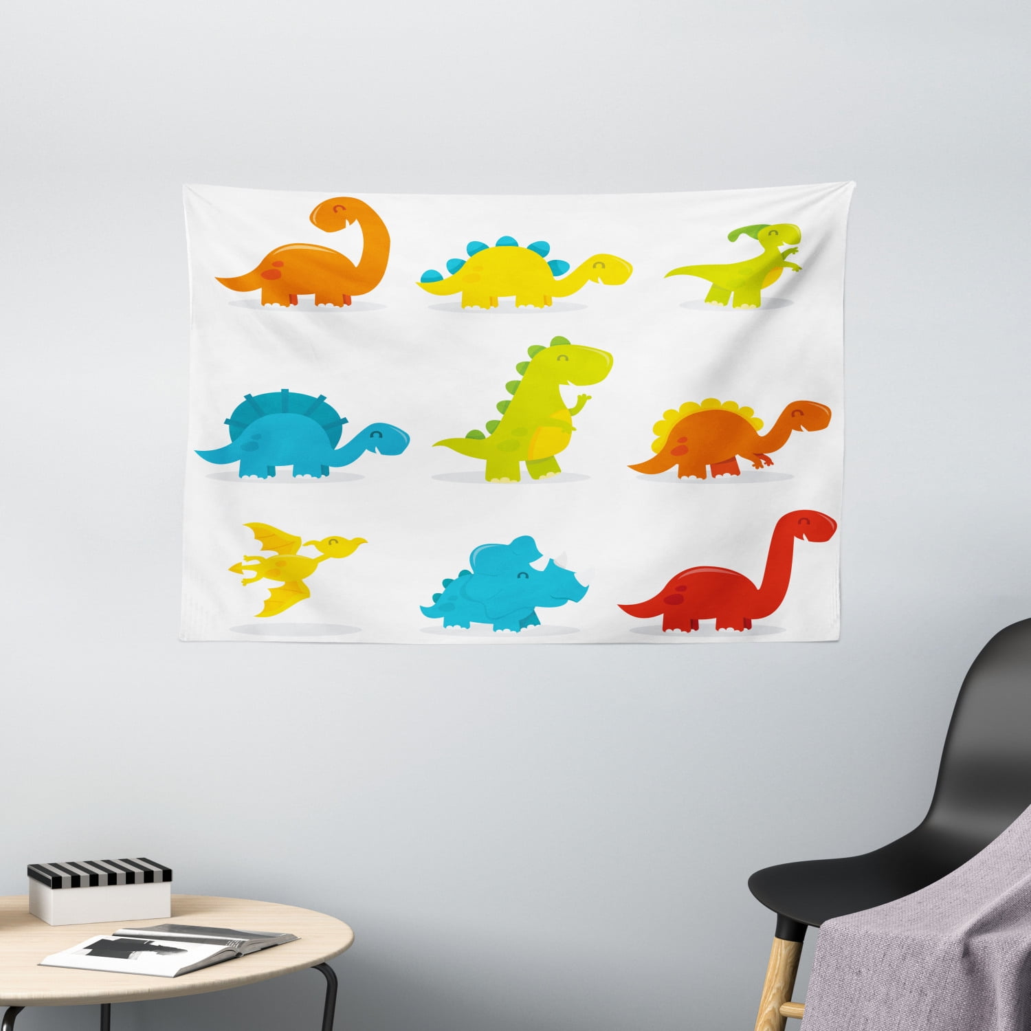 Dinosaur Tapestry, Cute and Funny Dinosaurs Set Cartoon Style Colorful