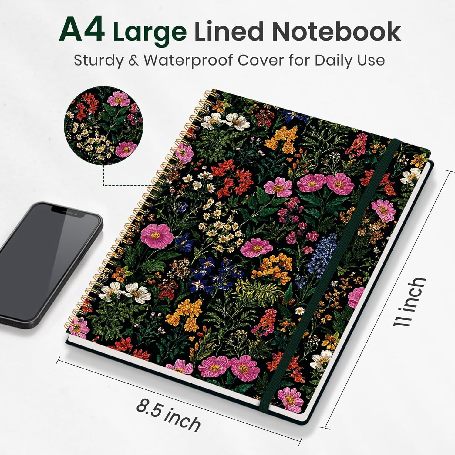 A house of tools Large Spiral Lined Journal for Women, 8.5" x 11" Notebooks for Work Collge Ruled, A4 Aesthetic Cute Journaling Notebooks for Writing, Plastic Cover, Abundant Floral