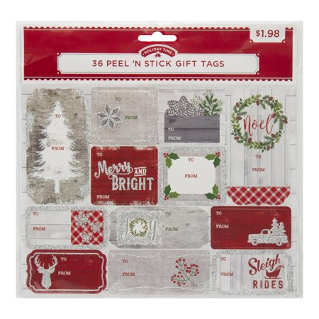 Holiday Time 36Ct Peel N Stick Traditional Farmhouse Holiday Themed Glitter Gift Tags