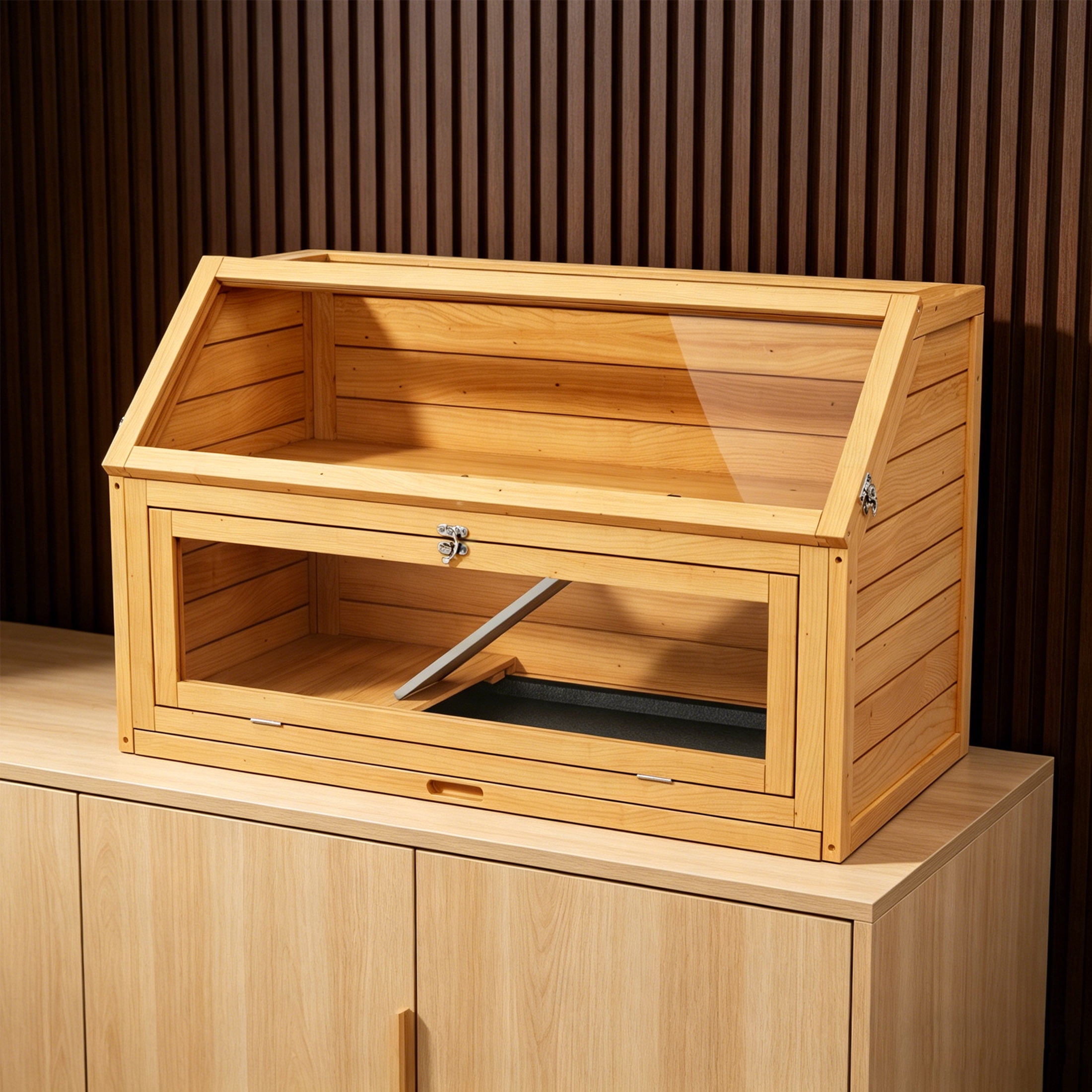 Chew Proof Wooden Hamster Cage with Storage Shelf, Movable 2 Tier Hamster Enclosure with 3 Acrylic Window, Natural