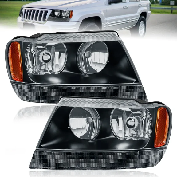 MOSTPLUS Pair Black Amber Replacement Headlights for 1999-04 Jeep Grand Cherokee Headlamp