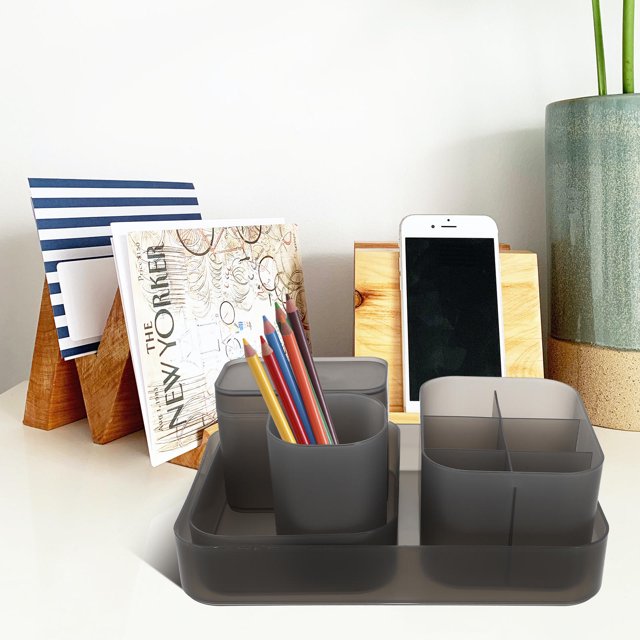 WRITWAA Rentrée Scolaire Ensemble de 5 Porte-Stylos Cosmétiques Conteneur de Brosse à Ongles de Bureau Rangement en Plastique Gris pour Professionnels