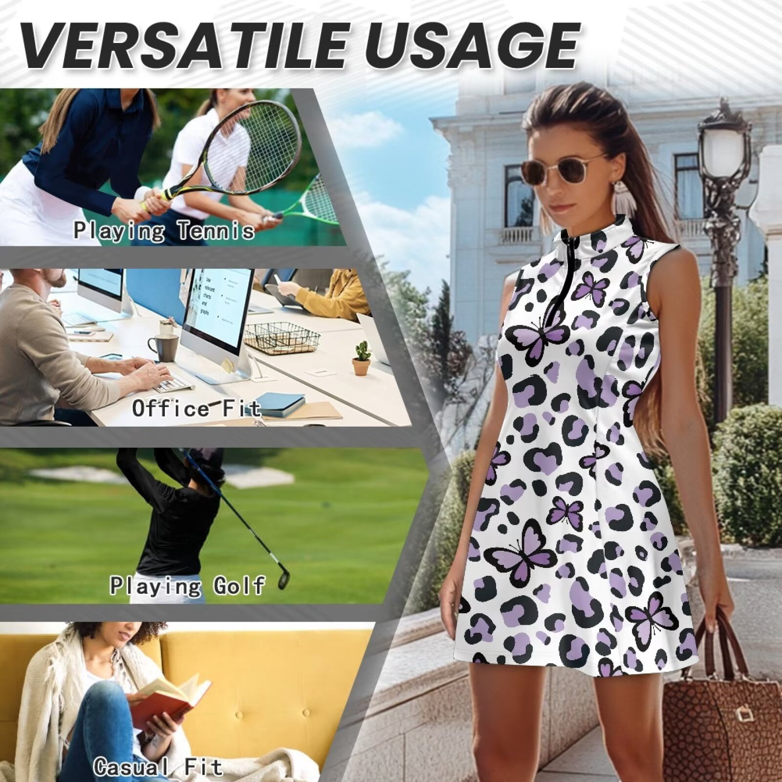 Yuyamidu Beautiful Butterfly Tennis Dress for Women Leopard Print V Neck Golf Athletic Tank Dresses Size L Sleeveless Sports Activewear Dress with Shorts Pockets Womens Golf Clothes