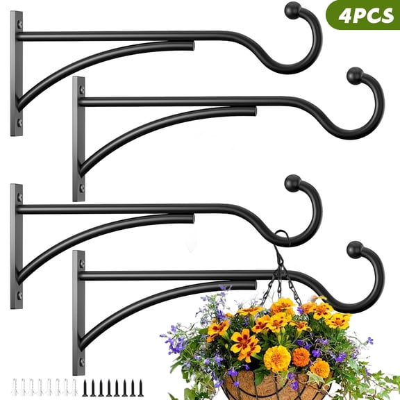 VOROLAK 4-Pack Plant Hanger Hooks 11 Inch, Heavy Duty Metal Hanging Plant Hooks for Balcony & Patio | Indoor Outdoor Wall Mount Brackets for Planters, Baskets, Wind Chimes & Bird Feeders (Black)