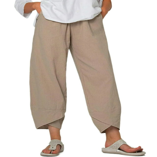 Women Plus Size Cotton Linen Tapered Cropped Trousers with Pockets Loose Fit Wide Leg Ankle Pants