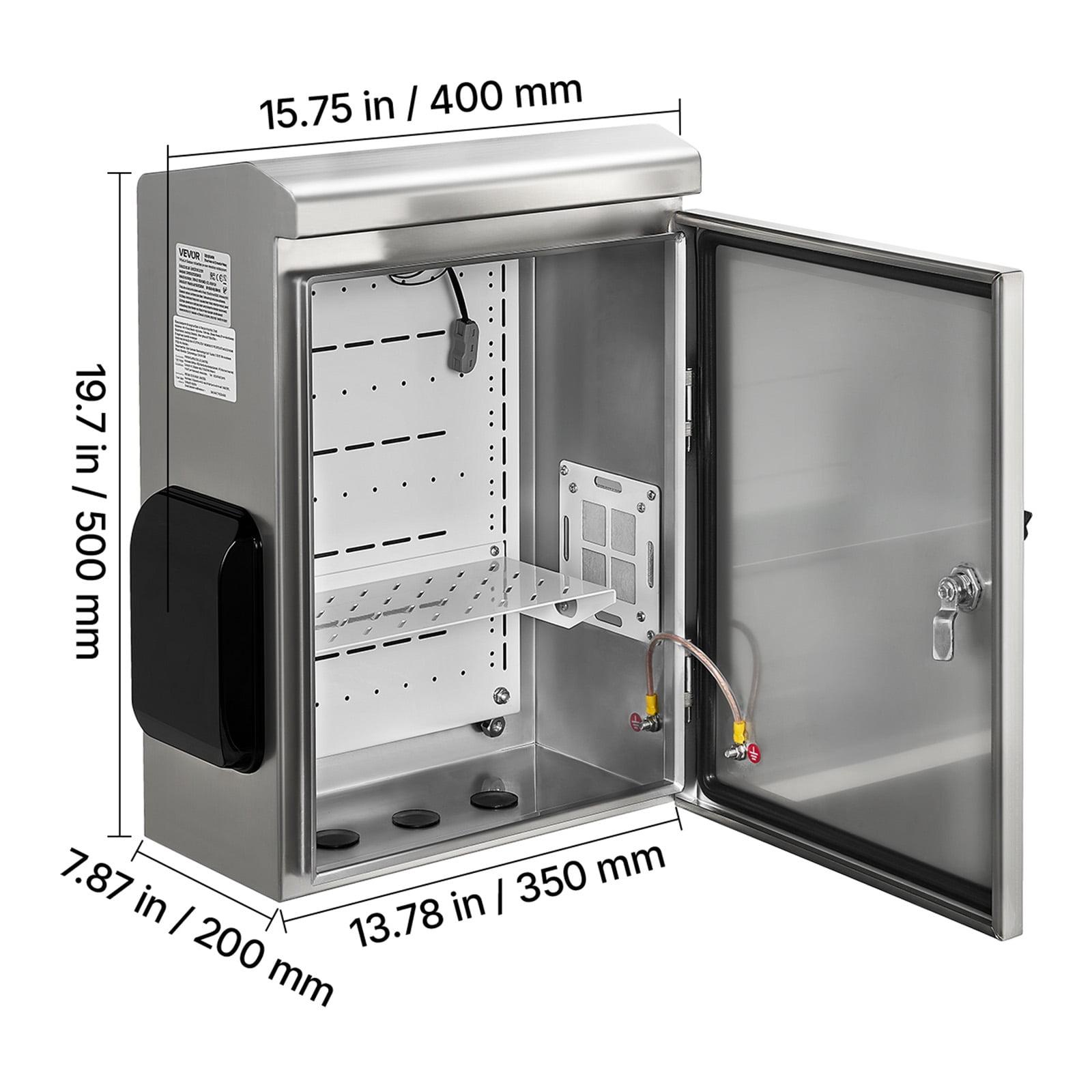 VEVOR Outdoor Electrical Box, 20 x 16 x 8 in, Stainless Steel Ventilated Electrical Enclosure with Thermostat and Fan, Rain Hood, Hinge Connection, IP65 Waterproof Junction Box, Wall/Pole Mounted,