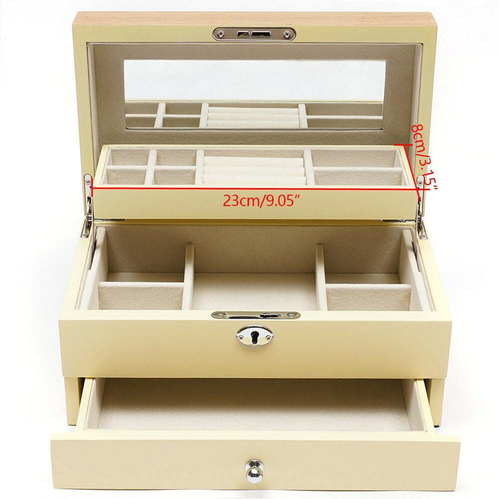 3Layers Cream Jewelry Box Storage Lock Necklace Earring Organizer Display Gift Wooden Jewellery