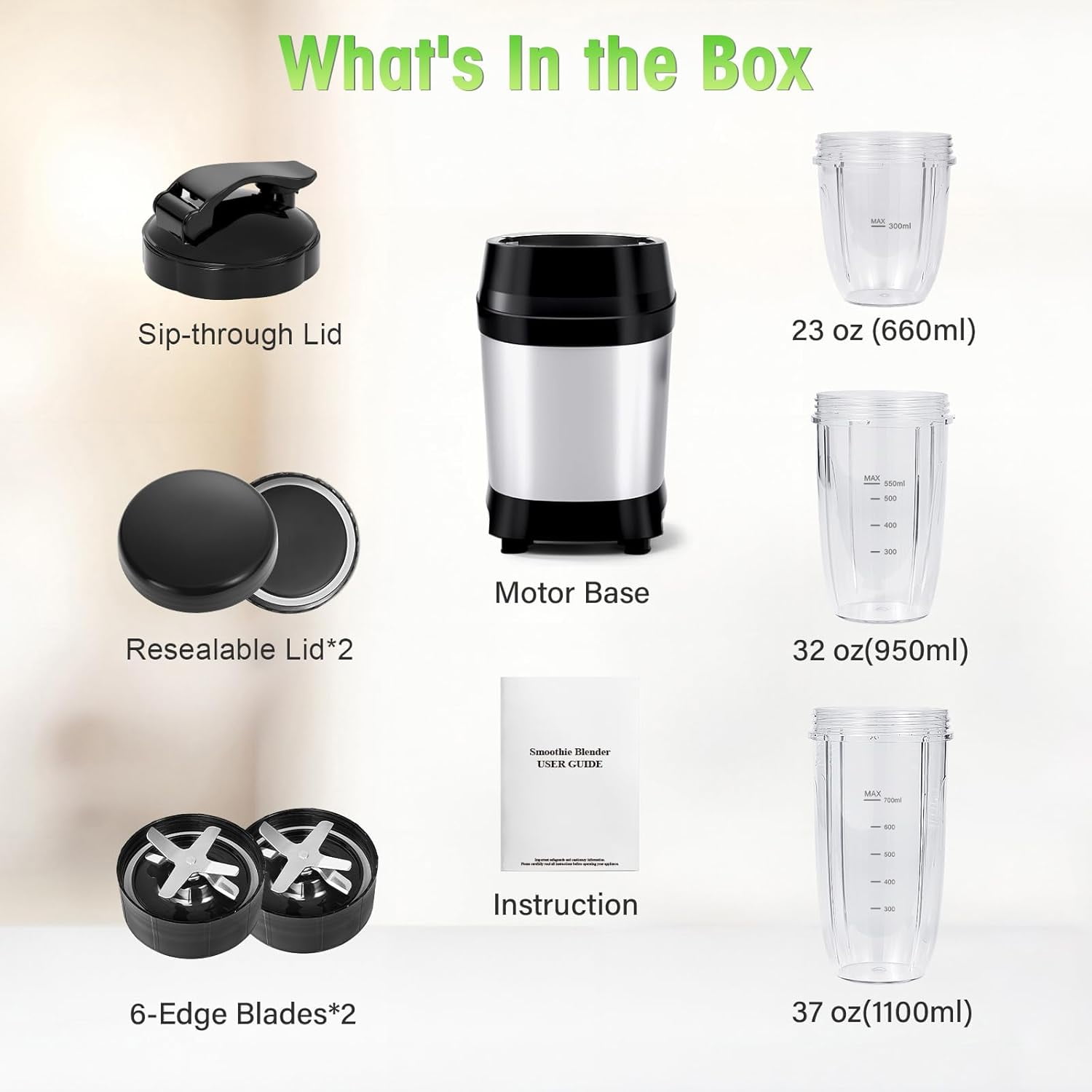 1200W High-Performance Blender with 2 6-Fin Blades, Ice Crushing Smoothie Blender for Home & Office