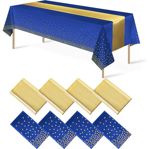 XmhyTop 8pcs Disposable Plastic Tablecloths and Satin Table Runner Set for Wedding Birthday Baby Shower Anniversary Christmas New Year Party Decorations(Dark Blue Gold)