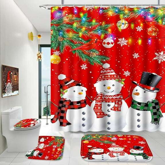 Christmas Bathroom Set, Shower Curtain Sets with Rugs Incl Shower Curtain with 12 Hooks, Soft Non-Slip Bath Mat, Toilet U-Shaped Floor Mat and Toilet Lid Cover Mat for Bathroom Decor