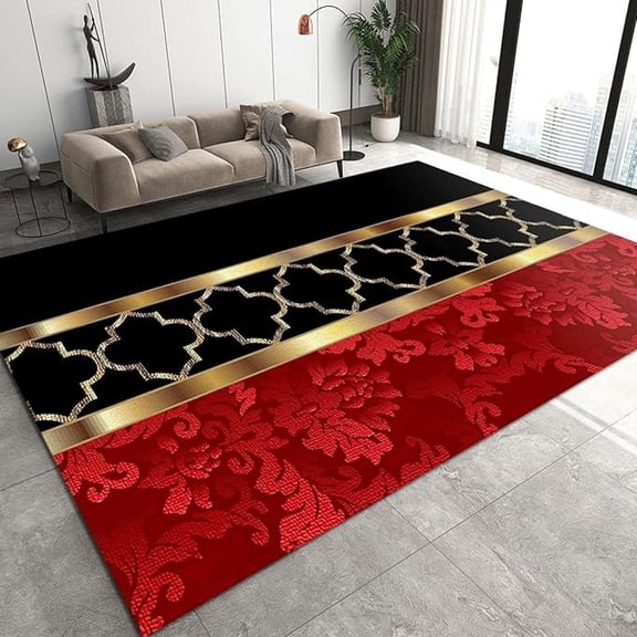 Modern European Style Area Rug, Luxury Black Gold And Red Geometry Print Rugs, Lightweight Non-Shedding Non-Slip Carpet For Living Room Bedroom Home Decor 4x5ft