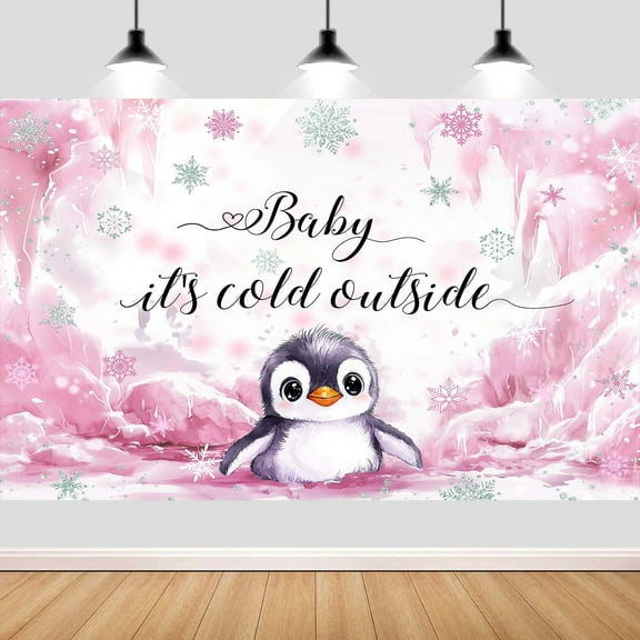 8X6ft Penguin Winter Baby Shower Backdrop Decorations, It's Cold Outside Pink Penguin Watercolor Winter Animal Background for Boys Baby Shower Newborn Party Banner Decorations Photo Booth Props