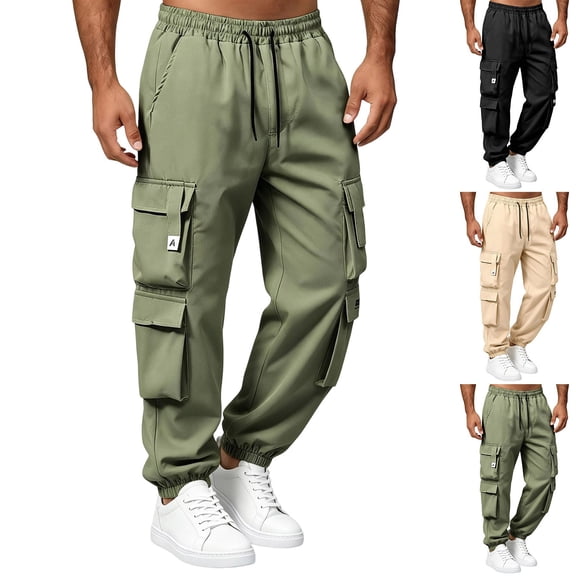Tqyyweavej Mens Casual Cargo Pants Drawstring Versatile Hiking Joggers Elastic Waist Solid Color Baggy Sweatpants with Multi Pockets