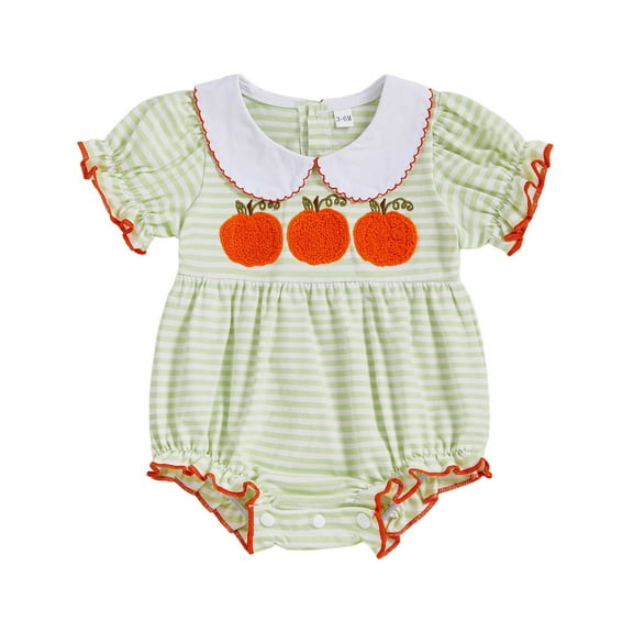 LIIPEE Girls Onesie Halloween Cartoon Pumpkin Embroidery Puff Sleeve Peter Pan Collar Striped Bodysuit Handsome School One-Pieces,Green,0-3 Months