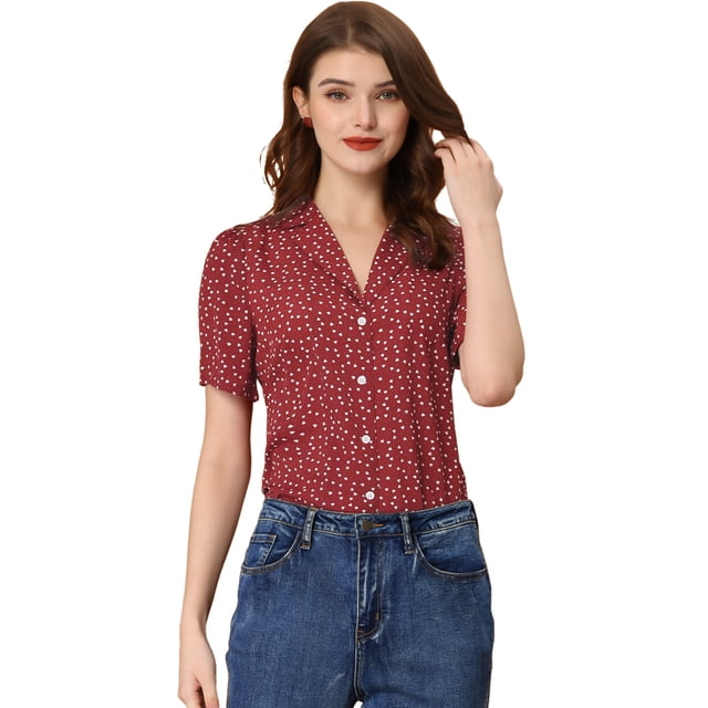 Blusa de lunares con corazón dulce para mujer, cuello en V, manga corta, casual, con botones rojo XS