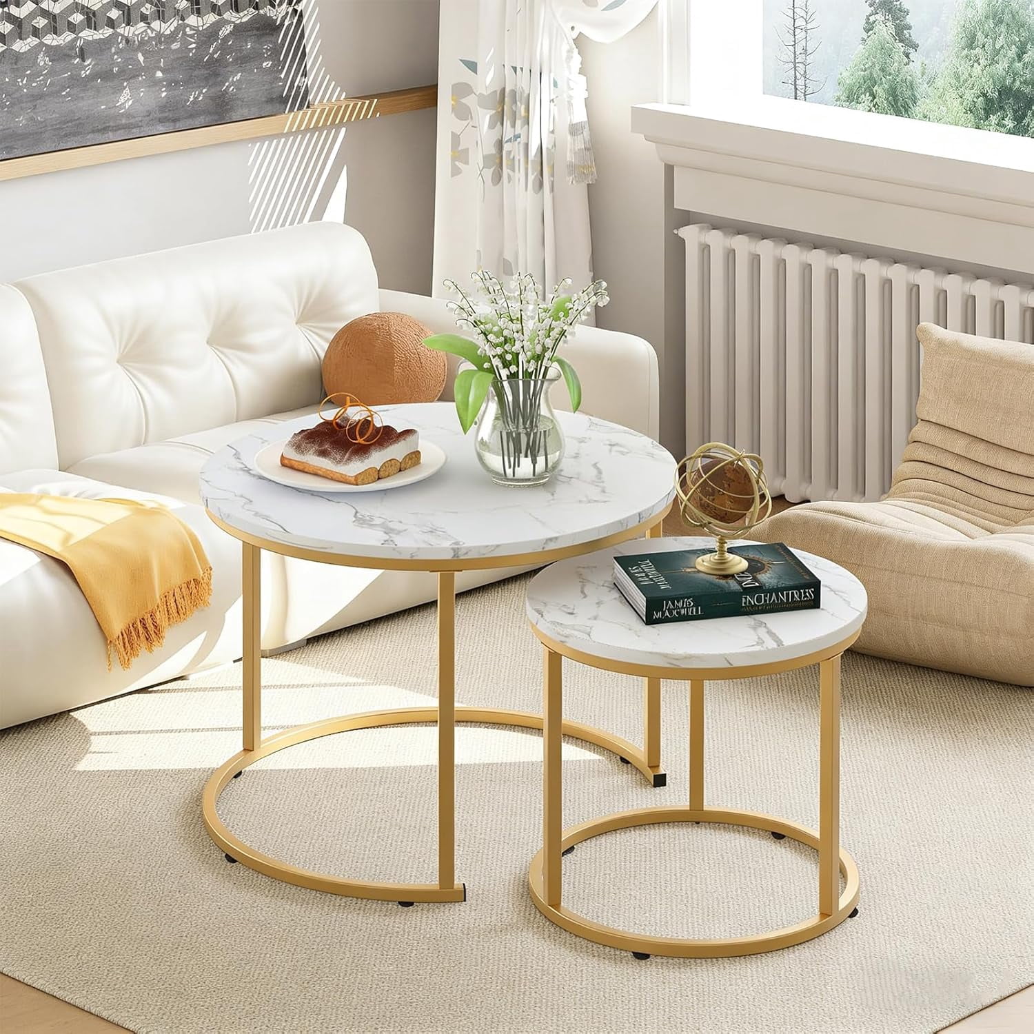 MDQMD 35.4'' Natural Marble Coffee Table,Modern Round Coffee Table