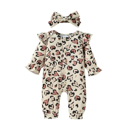 

Infant Baby Girl Knit Romper with Headband Heart Print Jumpsuit Ruffle Long Sleeve Sweater Bodysuit