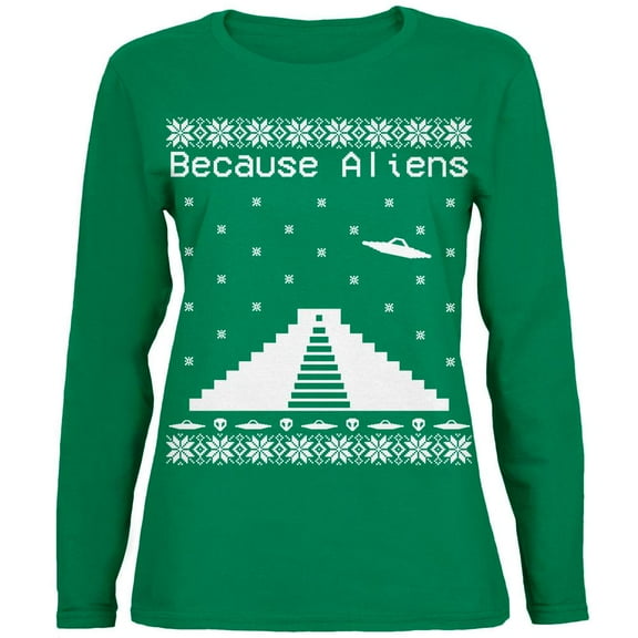Because Aliens Pyramid Ugly XMAS Sweater Green Womens Long Sleeve T-Shirt - Medium