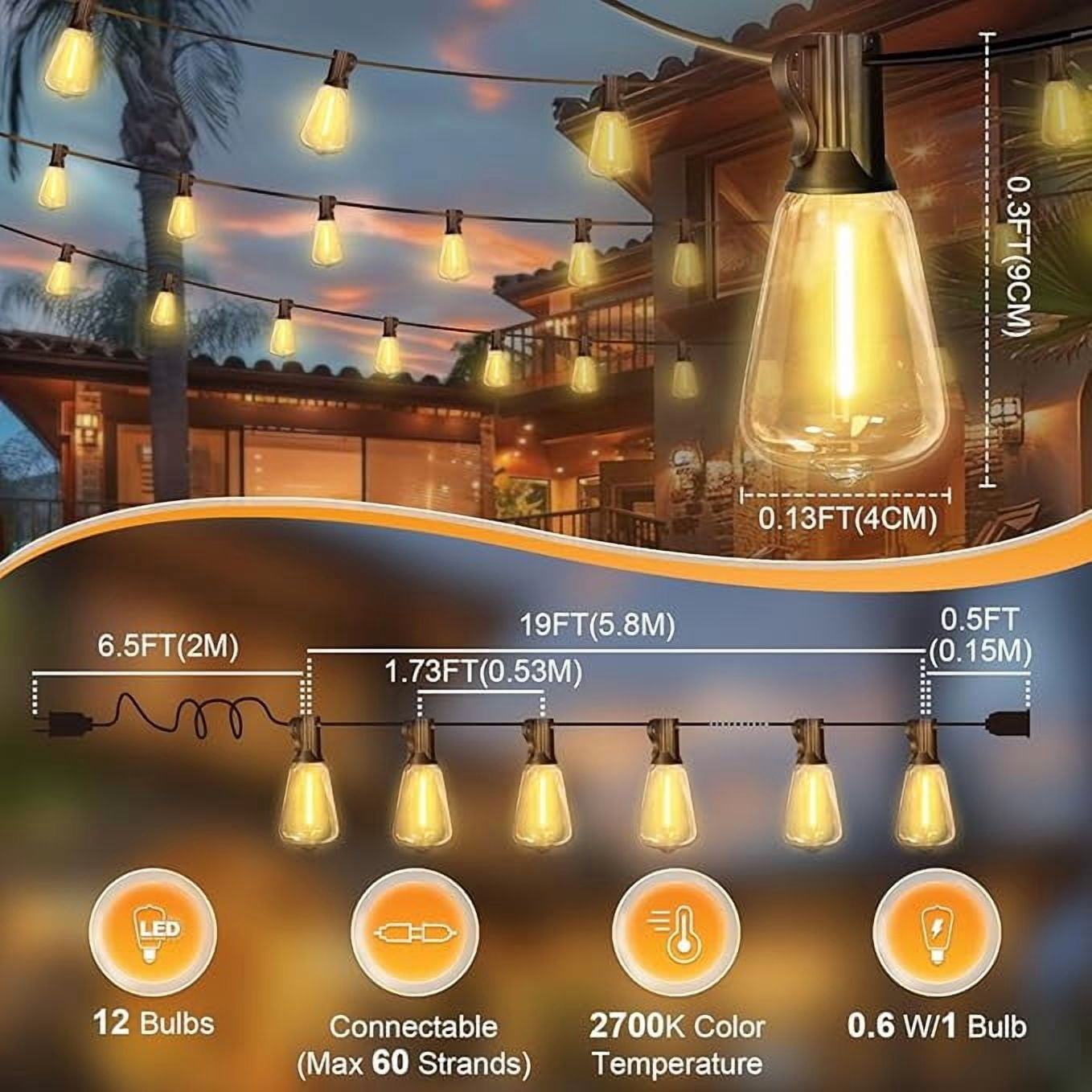4-Pack 26FT Outdoor Waterproof Patio Lights, 12+1 Shatterproof ST38 Edison Bulbs, Connectable Hanging String Lights for Daily & Party Decoration