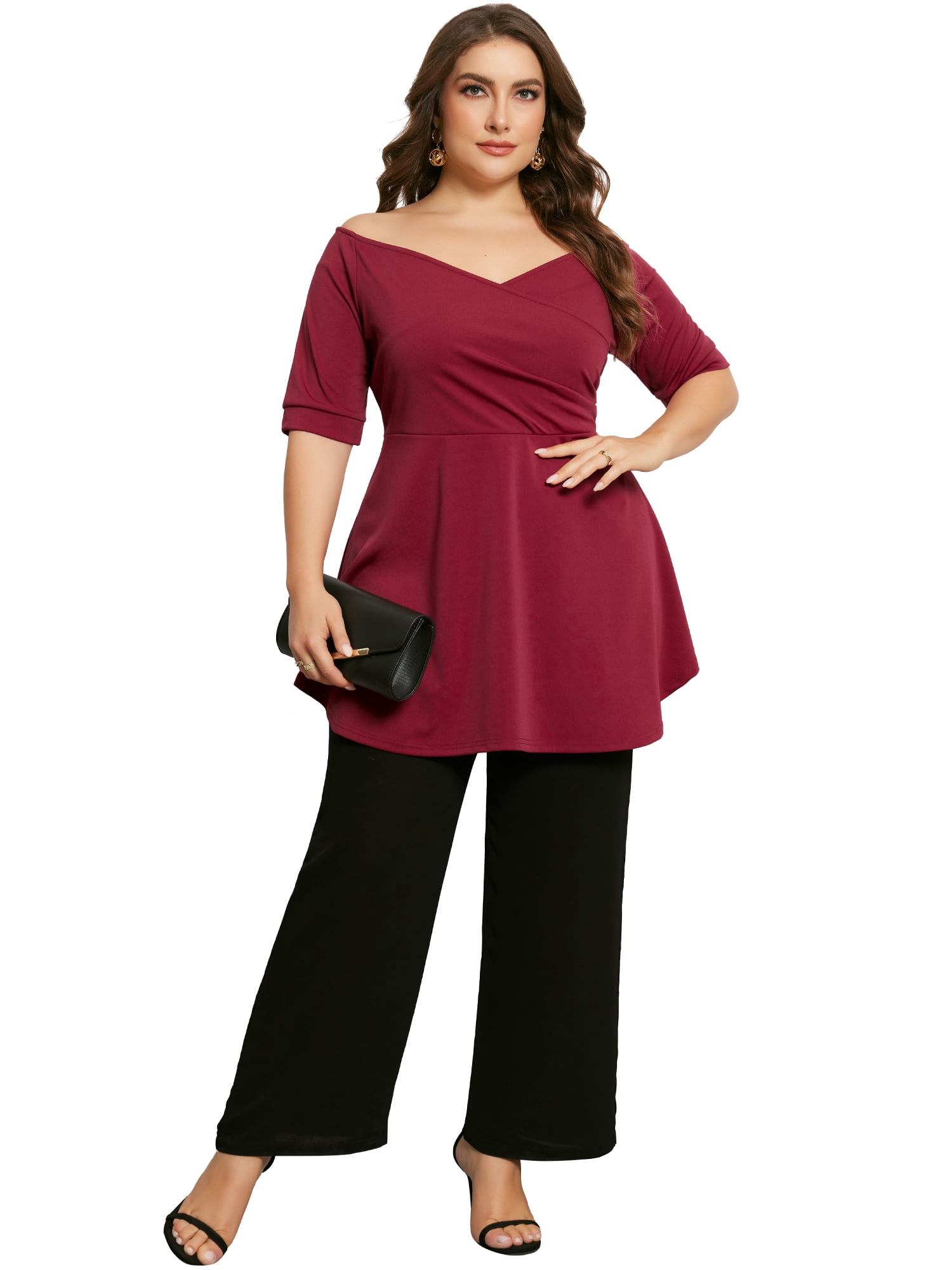 DARING DIVA Women's Plus V Neck Short Sleeve Ruched Peplum Blouse 4X Burgundy