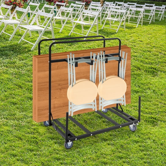 Portable Folding Table & Chair Cart with Round Table Dolly with Lockable Wheels