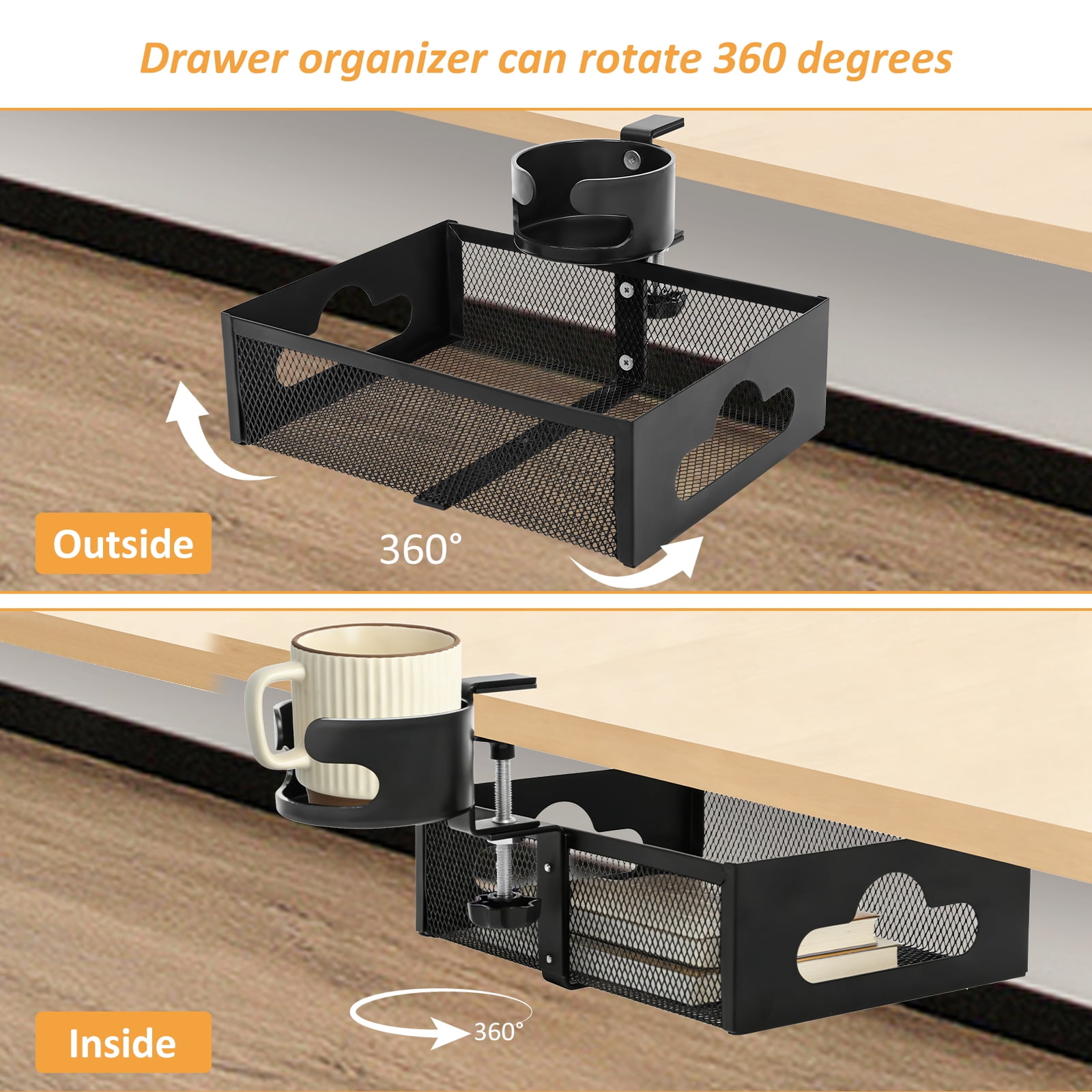 Under Desk Storage Organizer with Cup Holder, 360° Rotating Mesh Desk Drawer with Cable Hole, No Drill Clamp On for Office Supplies Coffee Mug Headphone and Phone, Black
