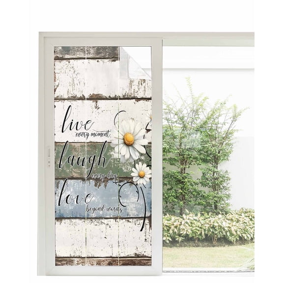 Window Privacy Film White Green Blue Stained Glass Window Film Decorative Sun Block Window Cover Vintage Wooden Rustic White Daisy Floral Window Clings Static Sticker for Bathroom 35.4"x78.7"