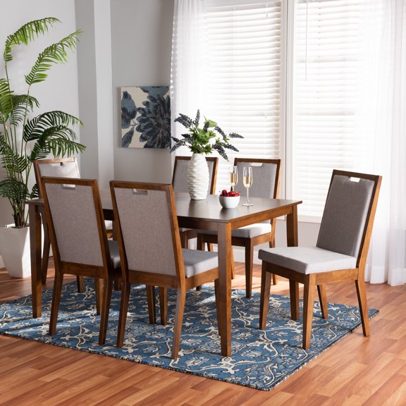 Baxton Studio Rosa Modern and Contemporary Grey Fabric Upholstered and Walnut Brown Finished Wood 7-Piece Dining Set