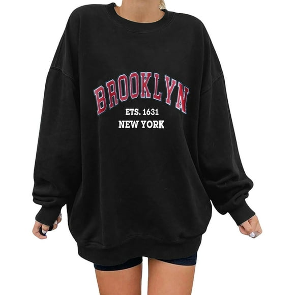Womens Casual Crew Neck Y 2 K Hoodless Pullover Loose Letter Printed Long Sleeve Sweatshirt Top Blouse N Zip Full Zipper Women Blouses Lined Hoodies for Women Dz Sweatshirt Athletic Wear Jackets Large