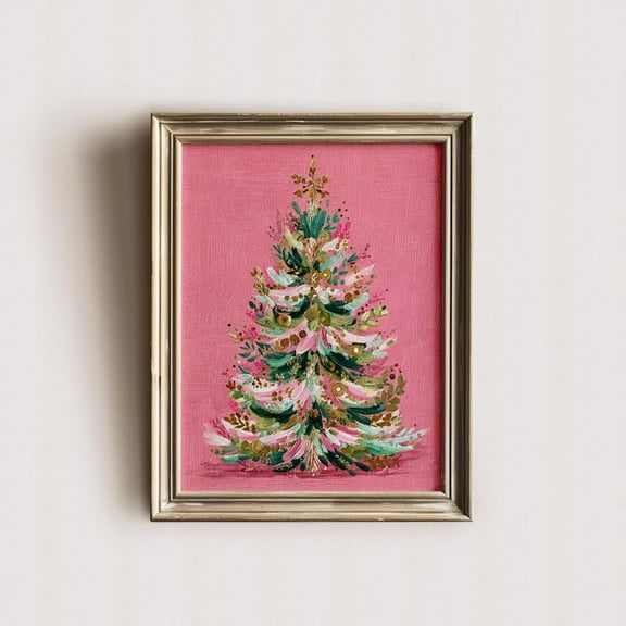 Pink Christmas Tree Wall Art Coquette Xmas Oil Painting Vintage Evergreen Poster, Size 24''x36''-Gategoo