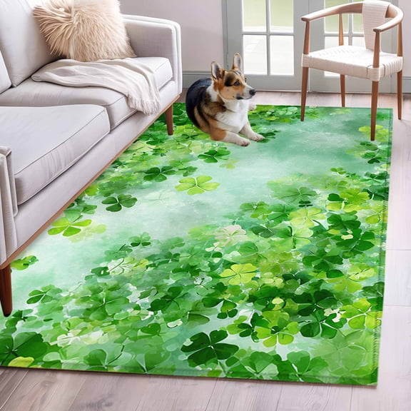 Rectangle Area Rugs 4 x 6 Ft, St. Patrick's Day Non-Slip Residential Carpet, Spring Botanical Green Leaves Clovers Indoor Crawling Mats Runner Rugs for Living Room/Dining Room/Bedroom