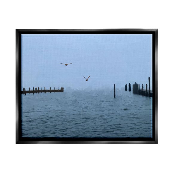 Stupell Industries Seagulls Over Ocean Dock Waters Coastal Photography Black Floater Framed Art Print Wall Art