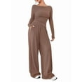 thumbnail image 2 of Women'S 2 Piece Matching Lounge Set Long Sleeve Boat Neck Top Wide Leg Pants Casual Sweatsuit Khaki XXL, 2 of 9