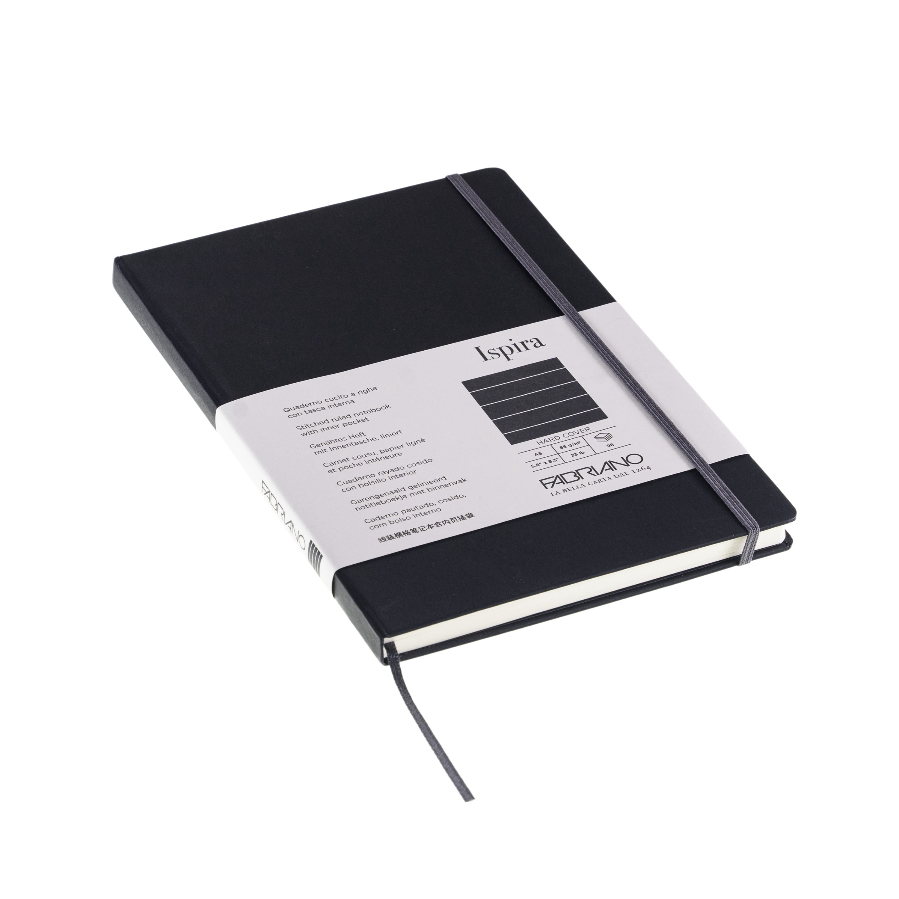 Fabriano Ispira Hard-Cover Notebook, 5.8" x 8.3", A5, Lined, Black