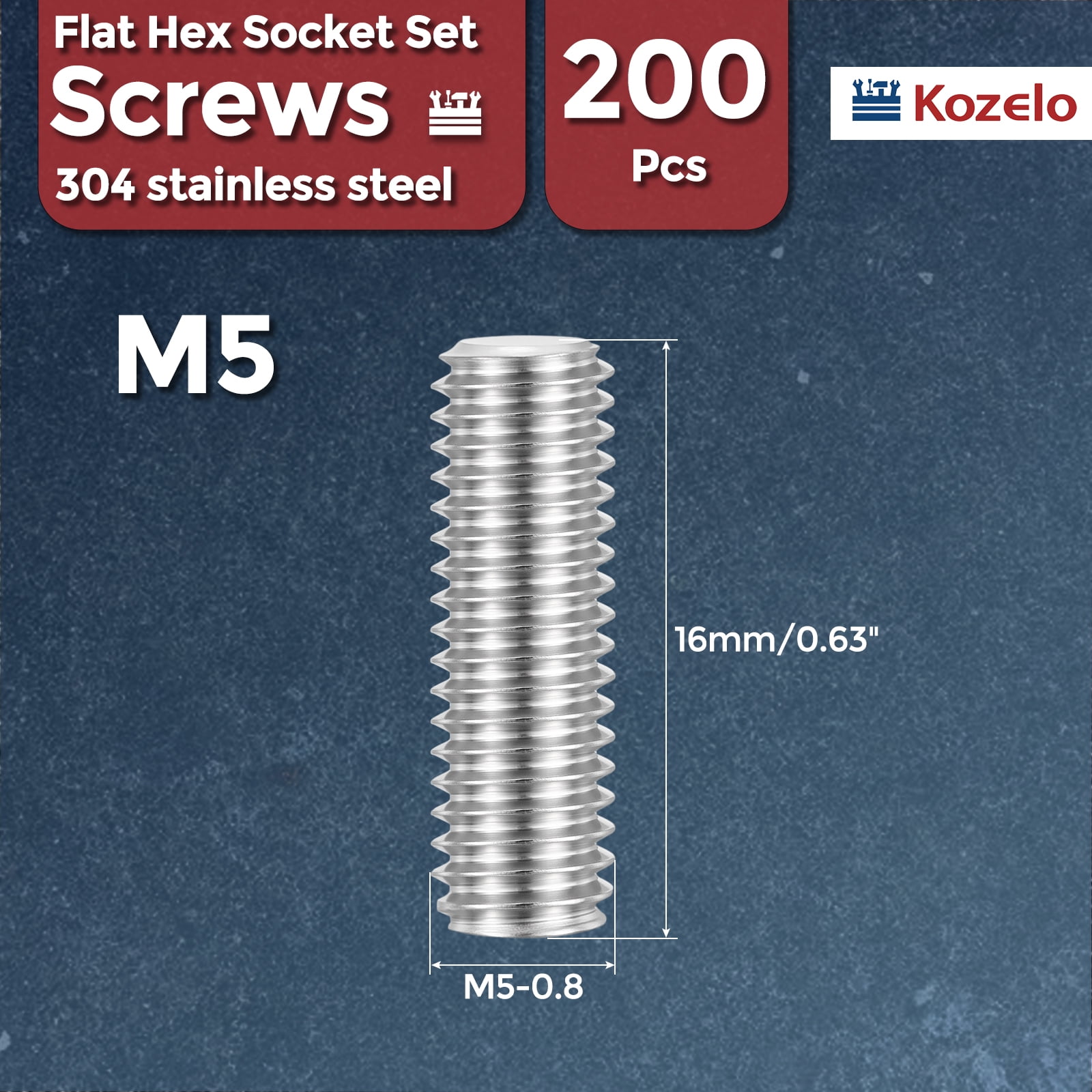 Uxcell 200pcs Flat Hex Socket Set Screws - [M5-0.8x16mm] 18-8 Stainless Steel Headless Cup Point Allen Head Grub Set Screw with Wrench for Door Handles, Bathroom Fixture & Towel Rack