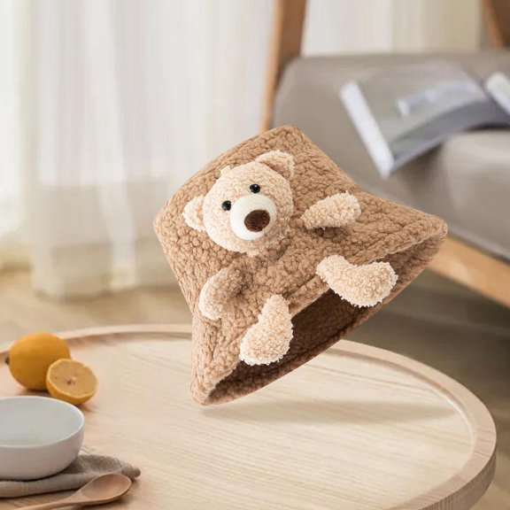 Warm Bucket Hat 3D Stuffed Plush Outdoor Teddy Bear Cute Harajuku Fisherman Caps Beige