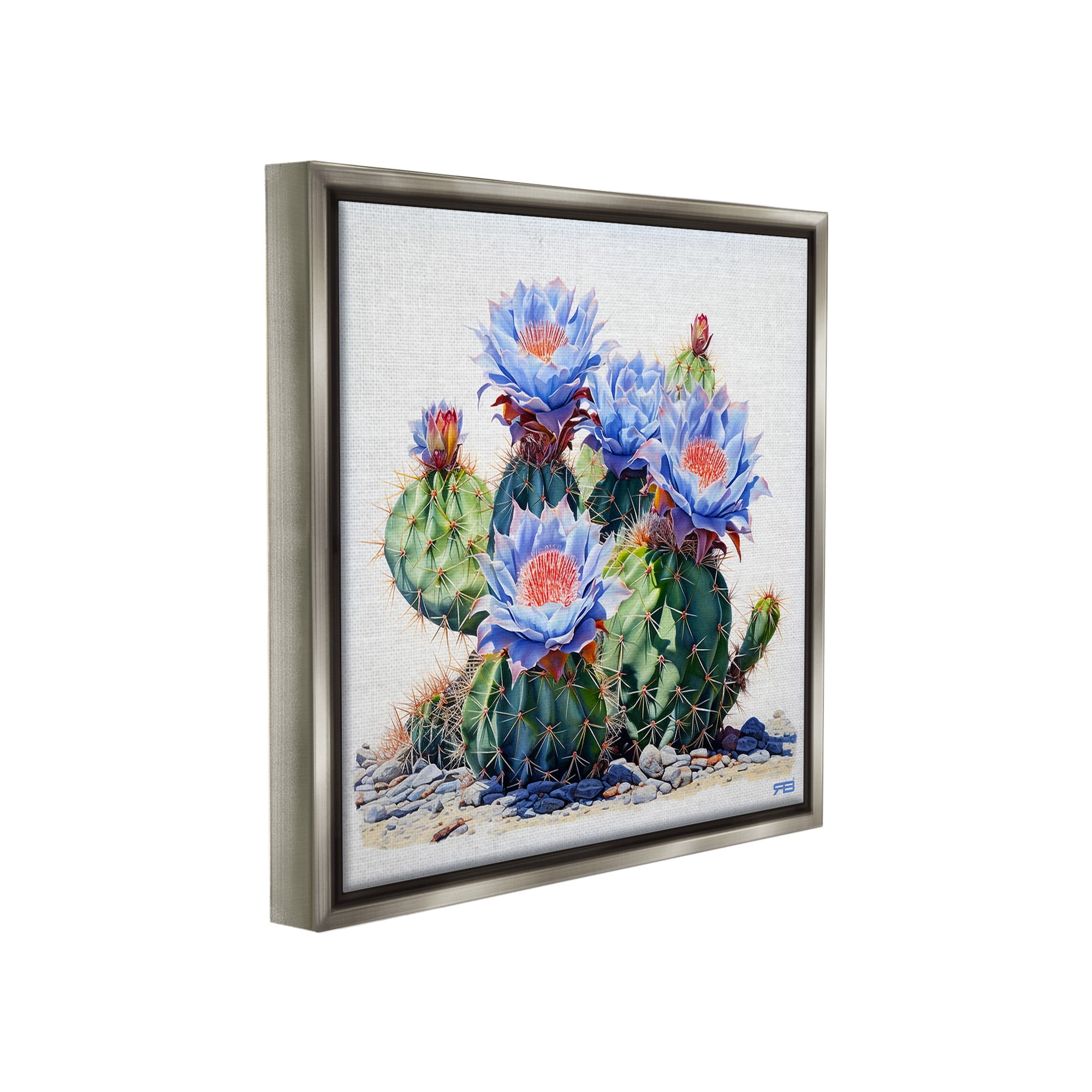 Stupell Industries Blue Cactus Blossoms Botanical & Floral Painting Gray Floater Framed Canvas Art Print Wall Art, 25 x 25