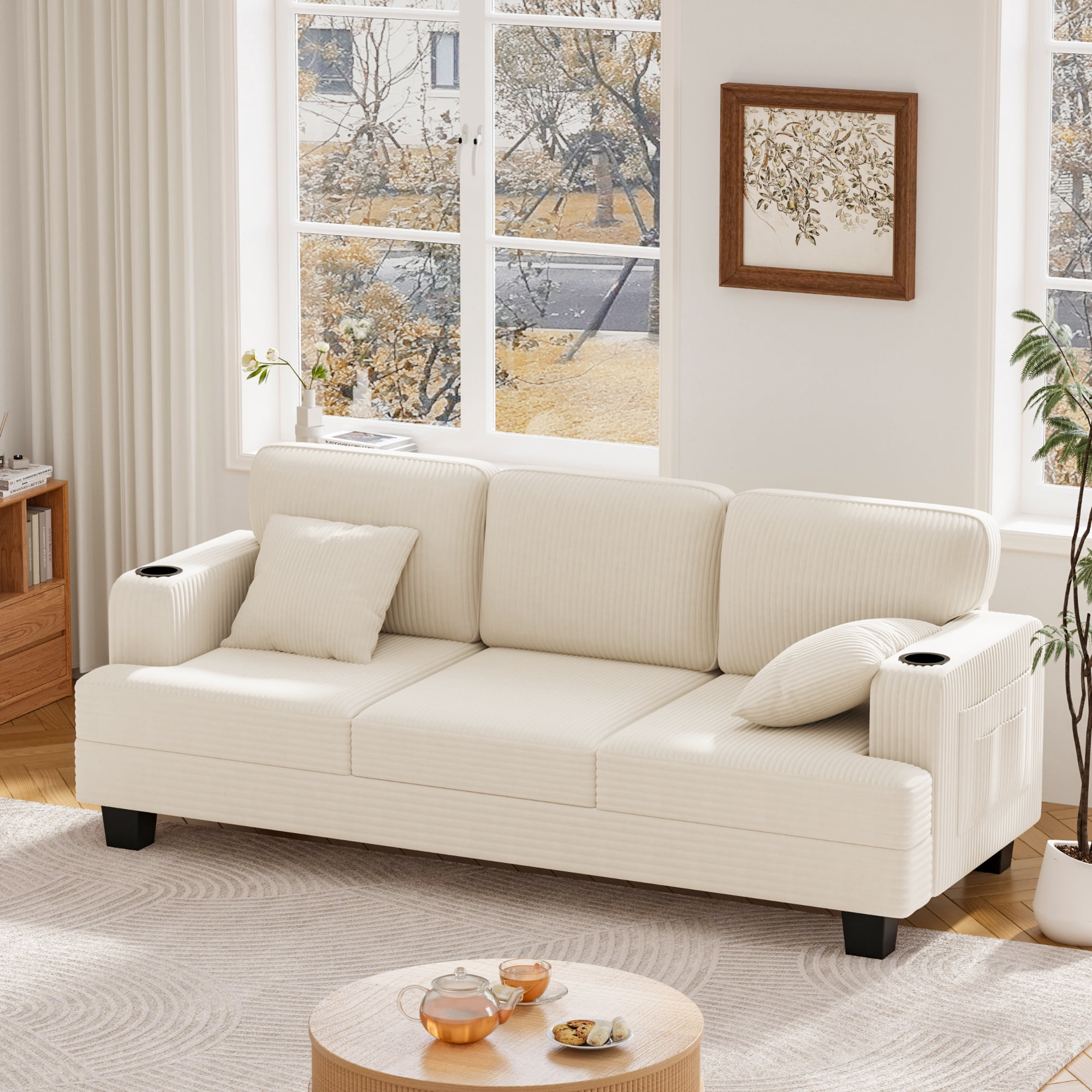 Furmax 84''W 3 Seat Sofa Couch Wide Armrest Modern Fabric Sofa with USB Charging Ports Corduroy Couch for Living Room,Beige
