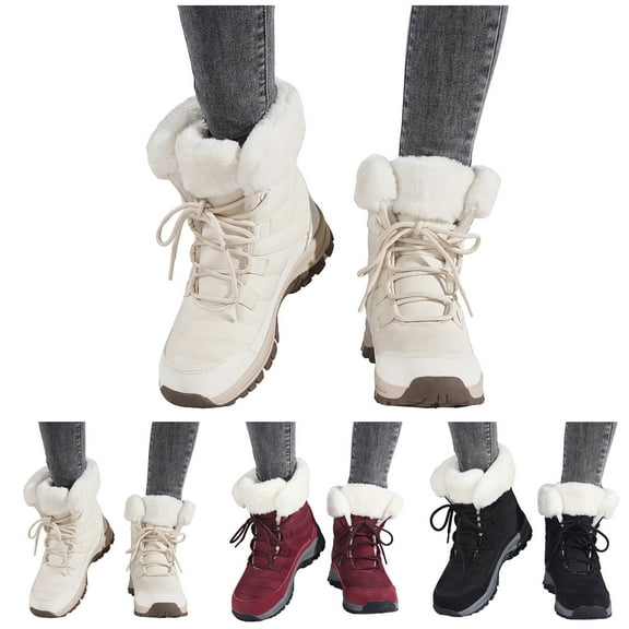 Pandaie Women's Winter Snow Boots Waterproof Lace up Fuzzy Mid Calf Boot Ladies Non Slip Combat Short Booties Black 6