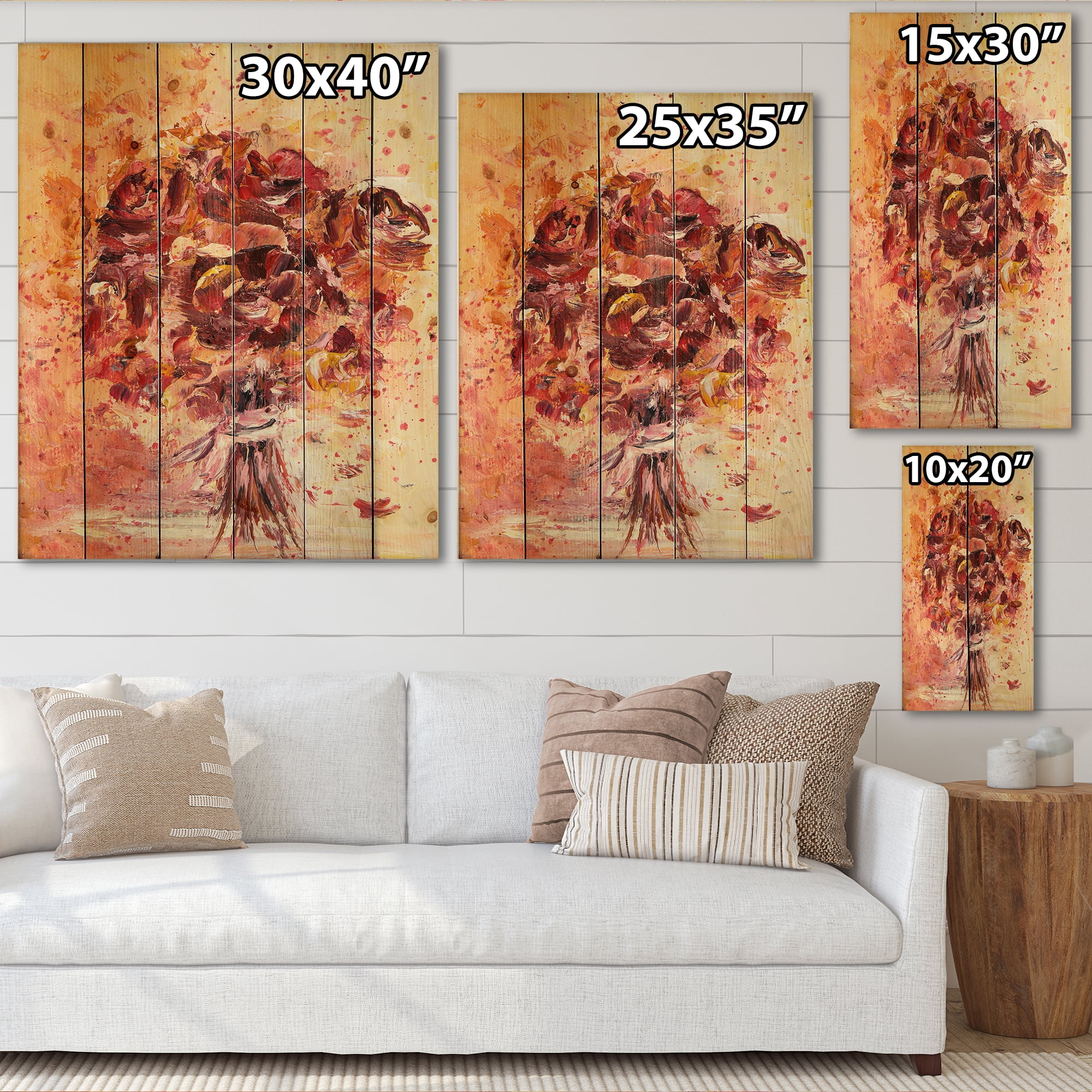 Designart 'Ancient Red Fresh Flowers Bouquet' Traditional Print on Natural Pine Wood