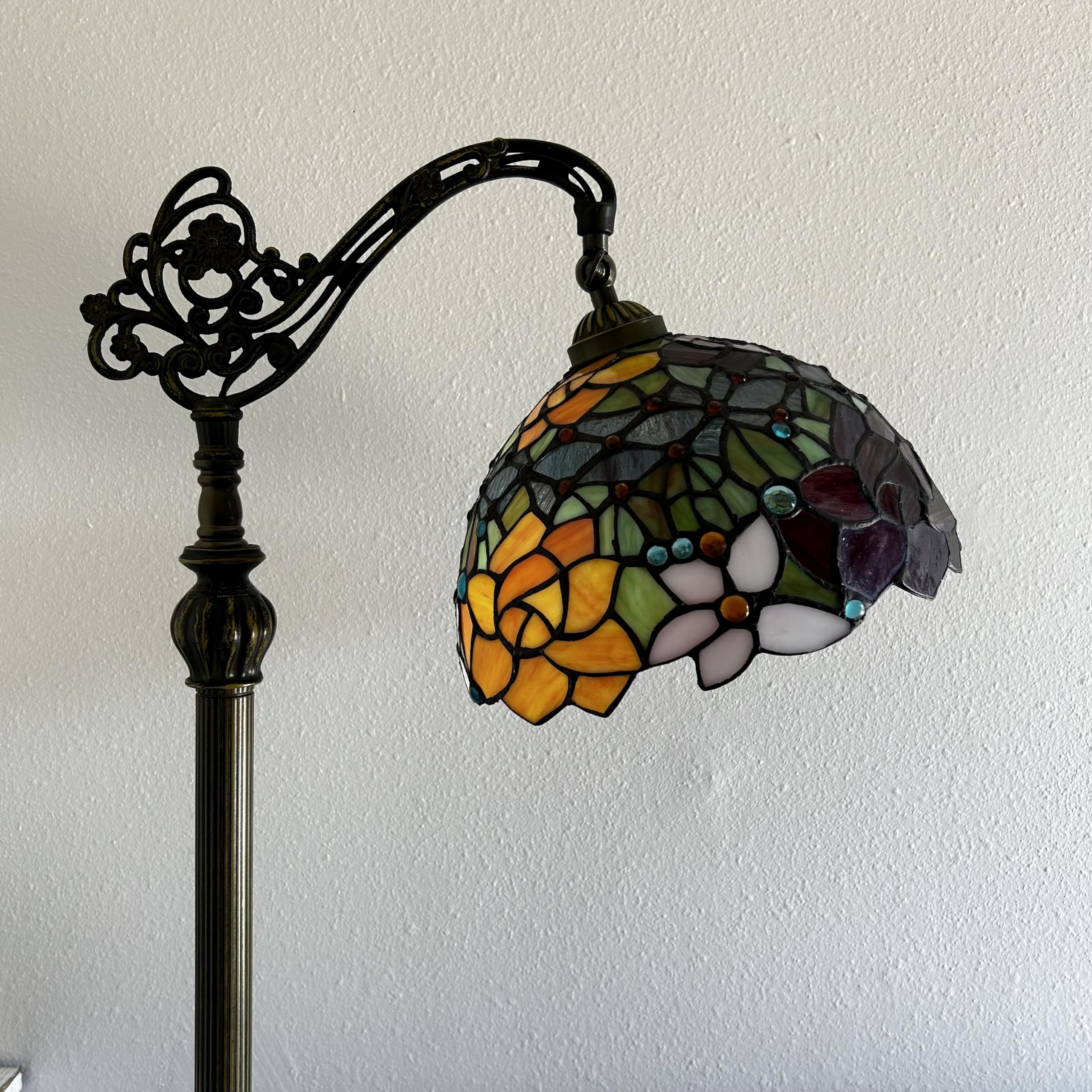 Tiffany Floor Lamp Rose Flowers Pink Orange Stained Glass Gooseneck Adjustable Corner Standing Reading Light 20"W*12"D*63"H