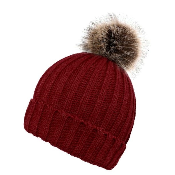 Grundlægger analogi hver dag Womens Knit Winter Warm Pom Pom Beanie Hat Red - Walmart.com
