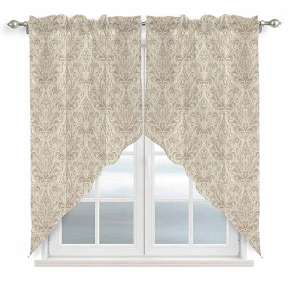 Beige Baroque Kitchen Window Curtains, Swag Curtains Valance for Bedroom Living Room Bathroom, Farmhouse Scroll Floral Pattern Art Rod Pocket Window Treatment Curtain Block Drapes 2 Panels 36"x45"