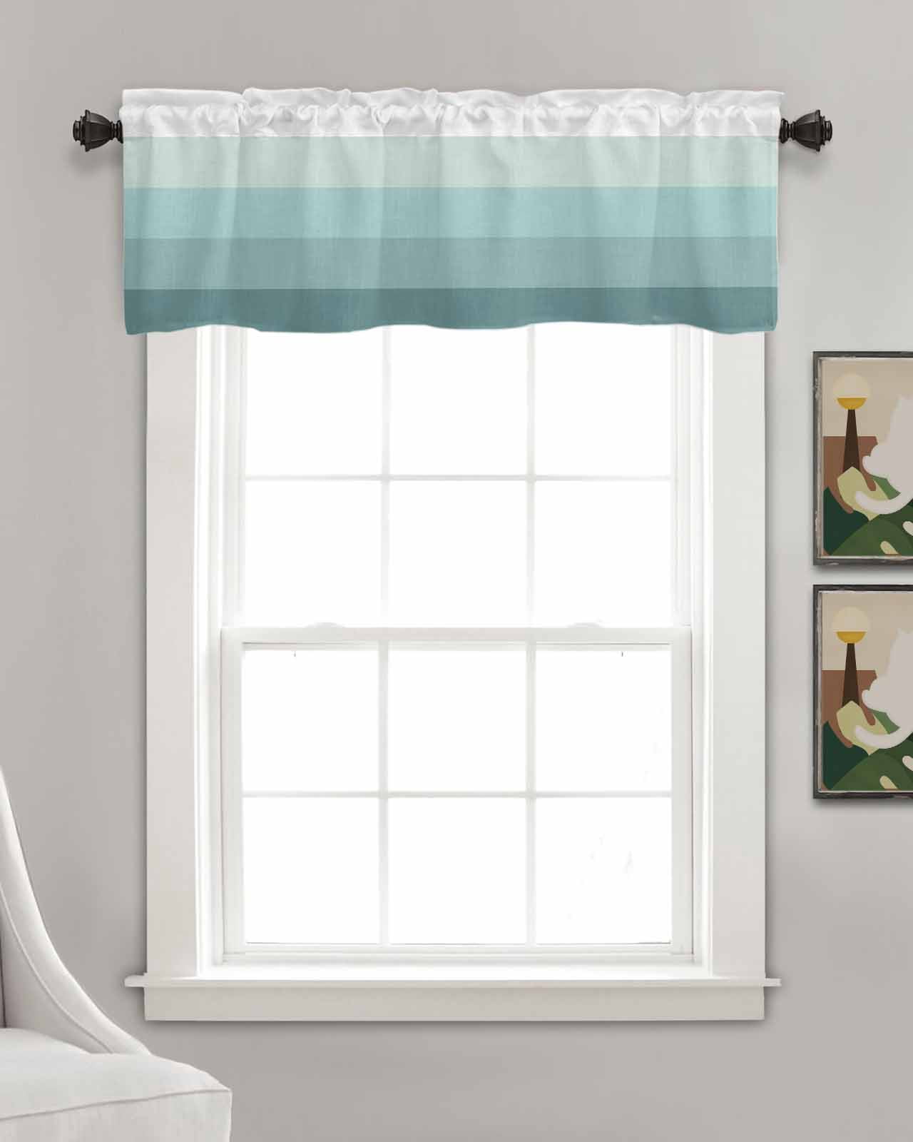 Teal Grey Linen Curtain Valance for Bedroom/Bathroom/Kitchen/Office/Living/Dining Room Window,Minimalist Geometric Turquoise Stripes Pocket Topper Drapes Decorative Cafe Drapery Panel 42"x18"