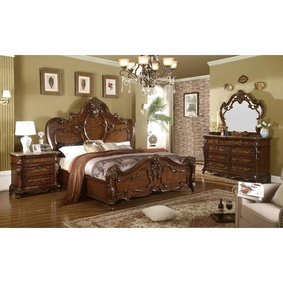Elegant Formal Bedroom Set 4pc Queen Bed Dresser Mirror Nightstand Solid Wood Furniture
