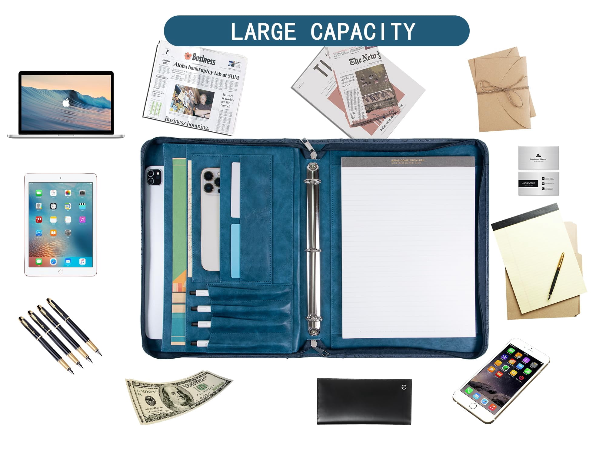 Premium Blue Floral Leather Business Binder – A4 Organizer with Pen Slots, Phone Holder & Multiple File Pockets – Perfect for Office, Meetings & Professionals