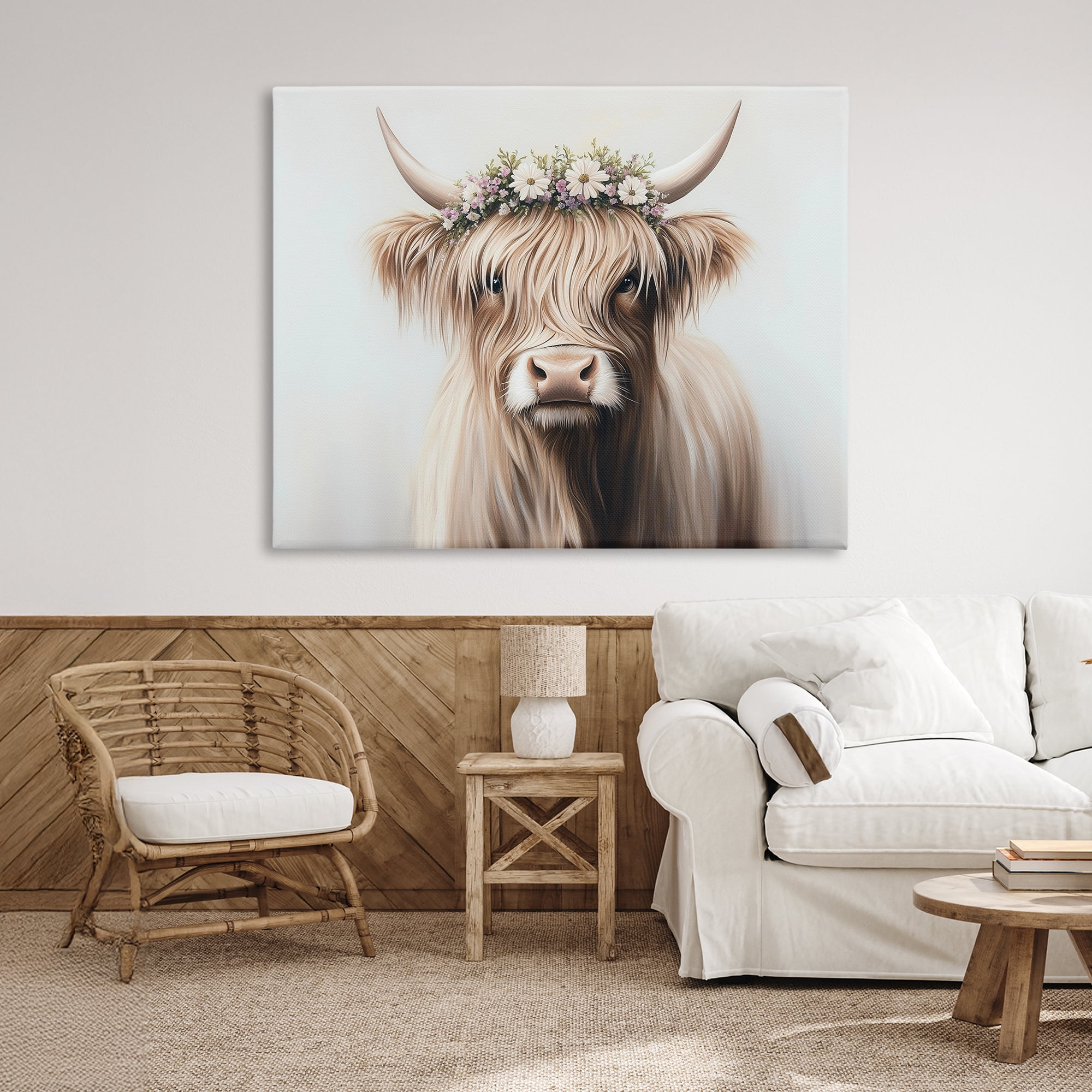 Shaggy Cattle Floral Crown Canvas Wall Art, design by Shawna Stewart