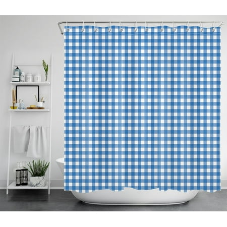 HVEST Farmhouse Shower Curtain Decor, Rural Blue and White Buffalo Plaid Checkered Shower Curtain Rustic Style Bathroom Polyester Fabric Decorative Curtain with Hooks, 72X78