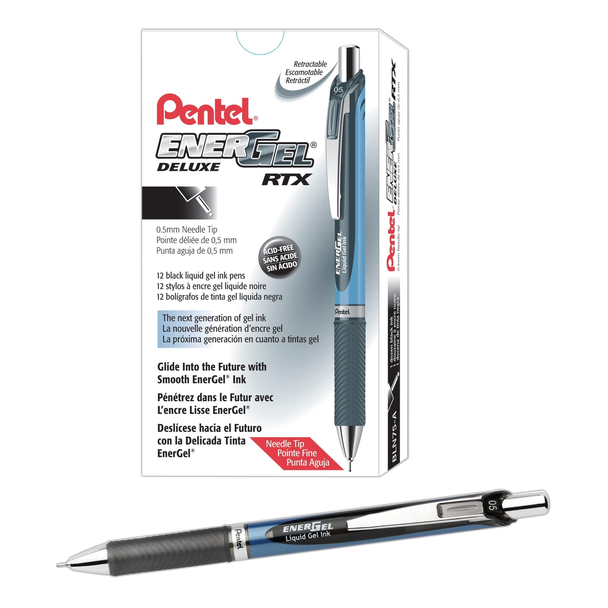 EnerGel RTX Retractable Liquid Gel Pen (0.5mm) Needle Tip, Fine Line, Black Ink, 12 Count