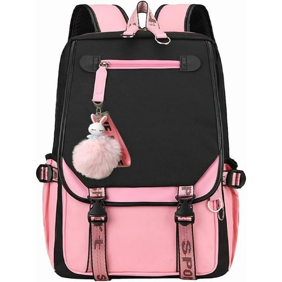 Aesthetic Backpack with USB Charging Port, Stylish School Bookbag & Daypack for Women, Pink Black